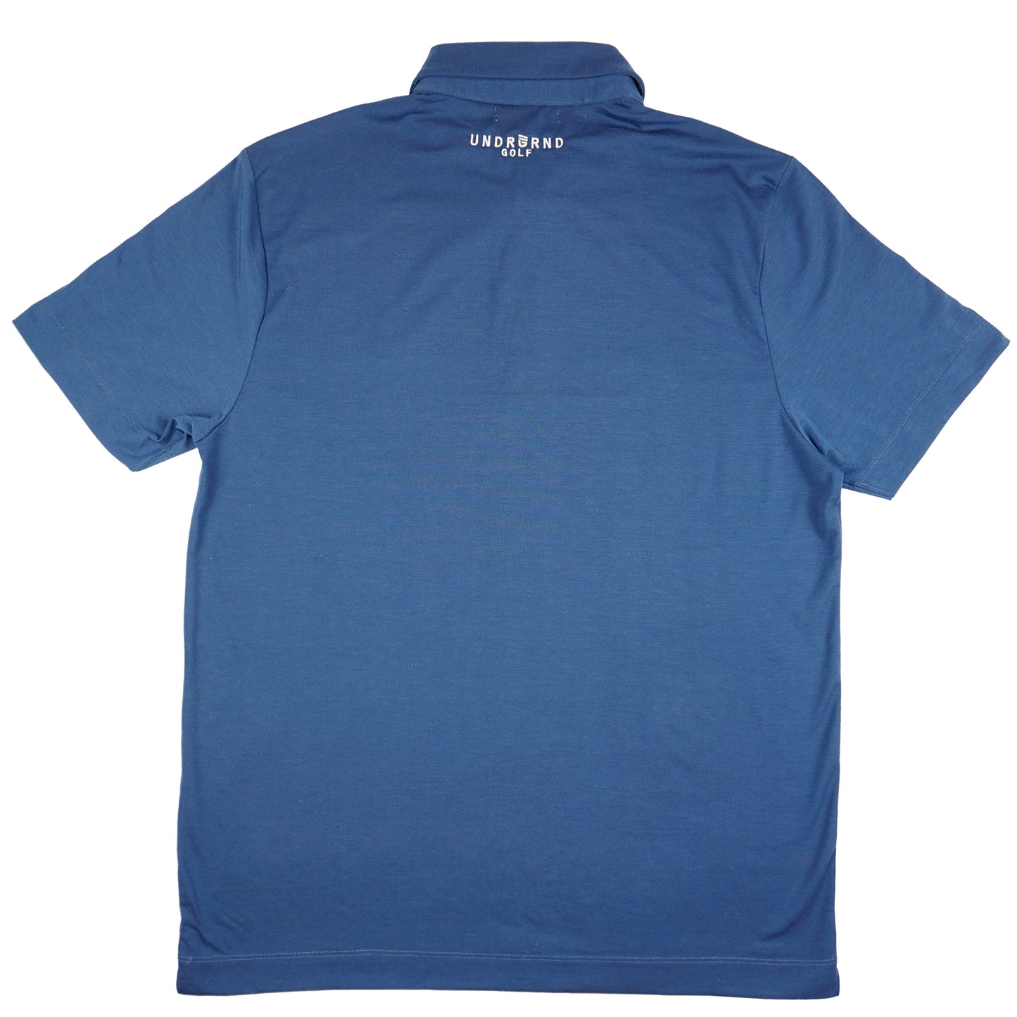 Blue performance golf polo with UNDRGRND GOLF embroidered on top of back in peach.