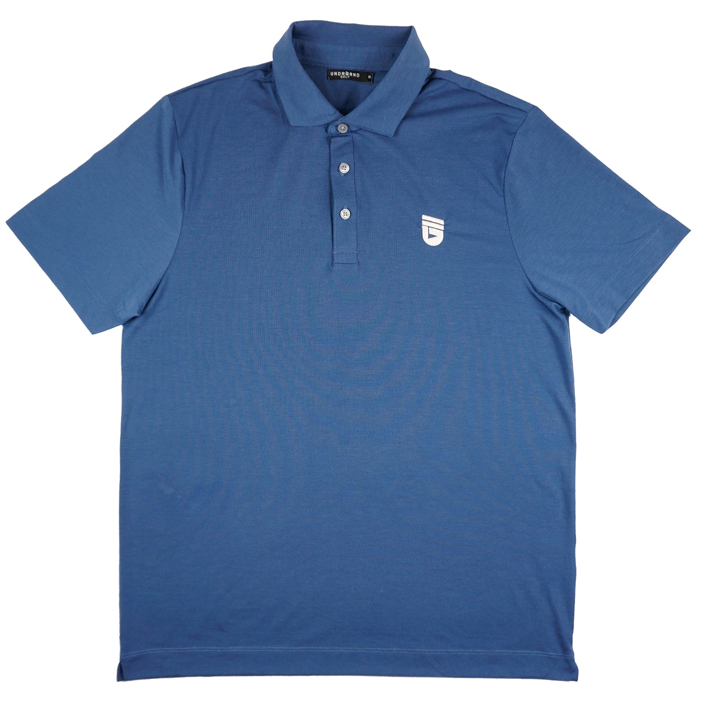 Blue performance golf polo with UNDRGRND GOLF icon embroidered in peach on the left chest.