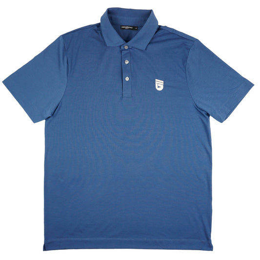Blue performance golf polo with UNDRGRND GOLF icon embroidered in peach on the left chest.
