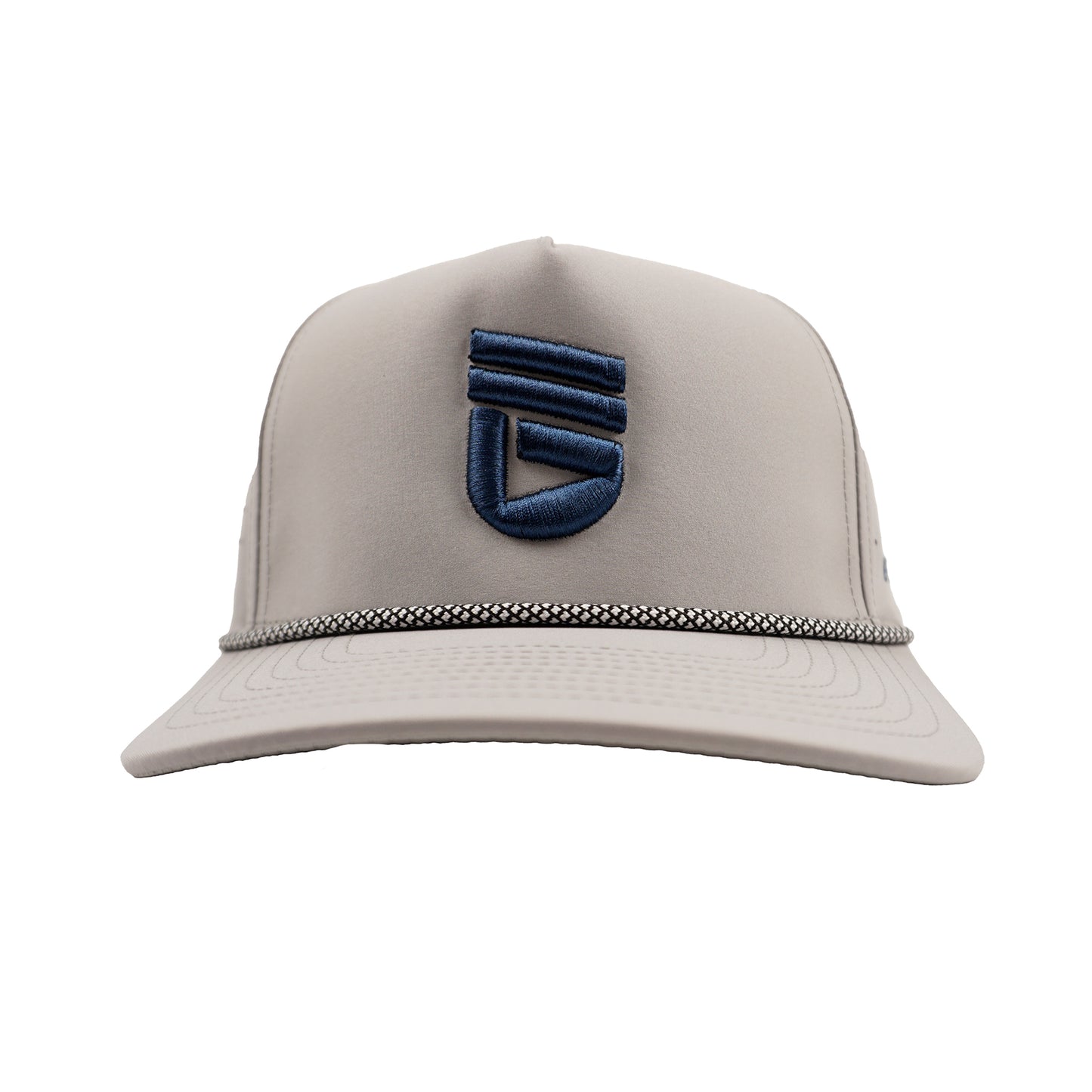 Front view of a gray perforated golf hat with a blue UNDRGRND GOLF icon embroidered on the front and a braided rope across the bill.