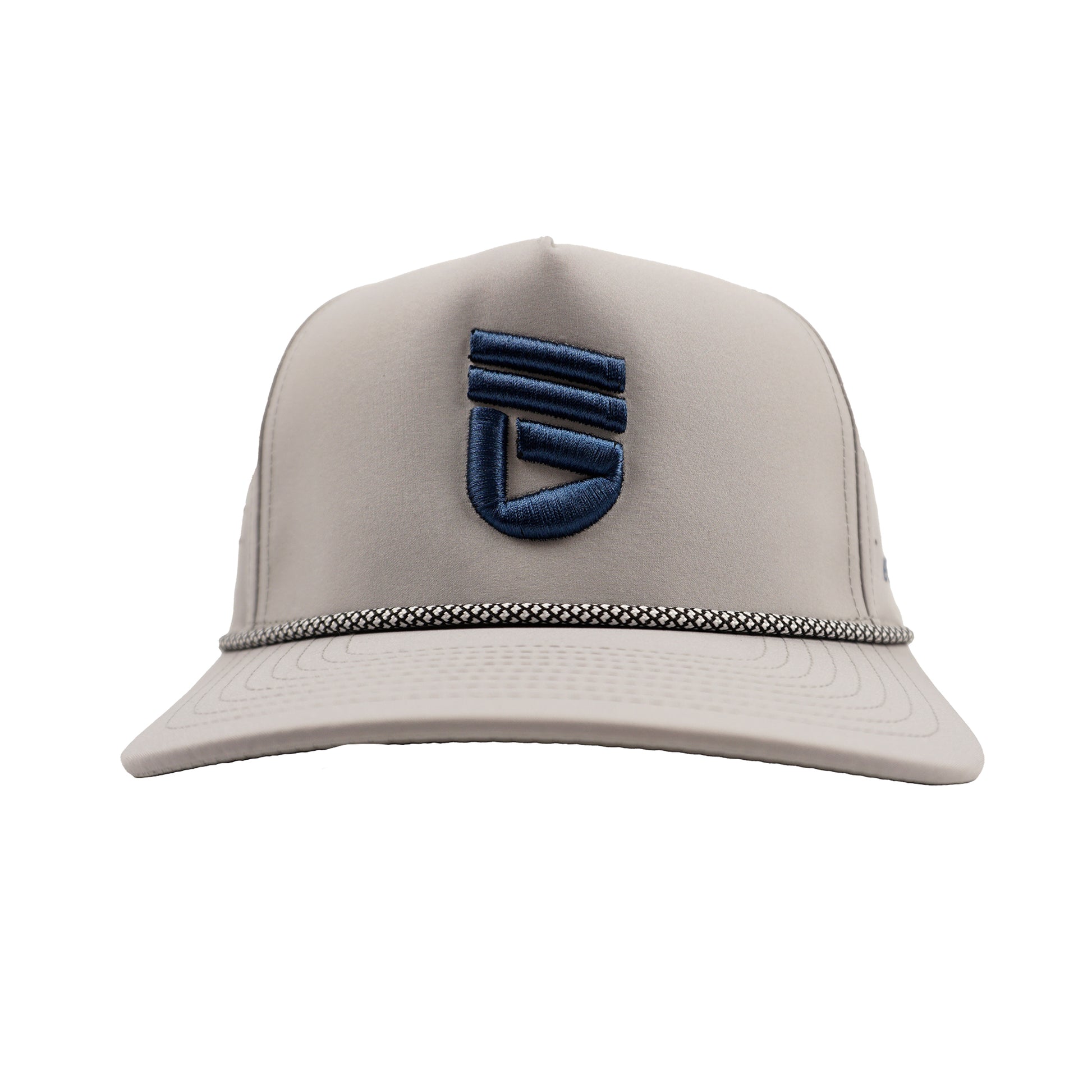 Front view of a gray perforated golf hat with a blue UNDRGRND GOLF icon embroidered on the front and a braided rope across the bill.