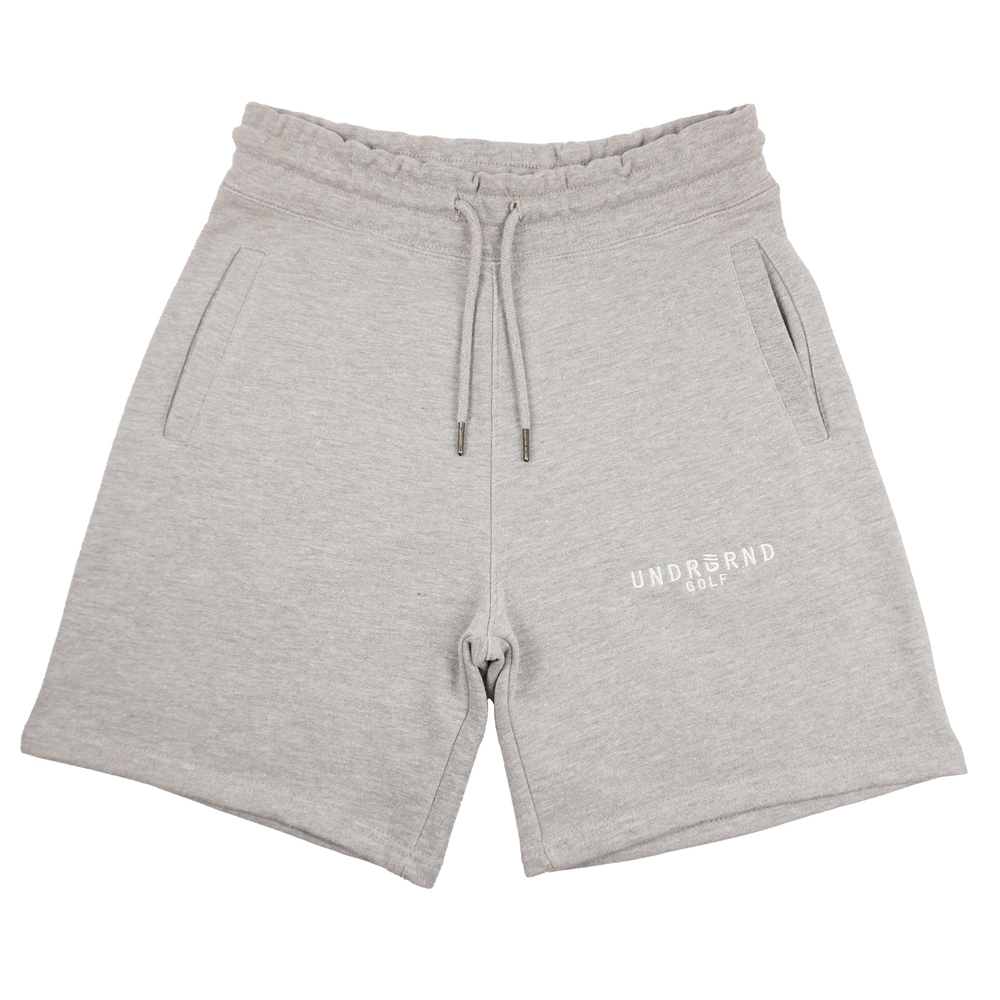 Heather gray sweatshorts with UNDRGRND GOLF embroidered in white on left thigh.