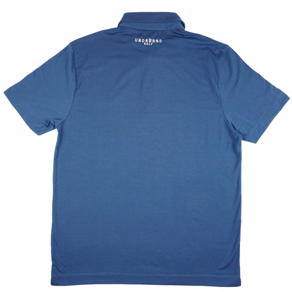 Blue performance golf polo with UNDRGRND GOLF embroidered on top of back in peach. 