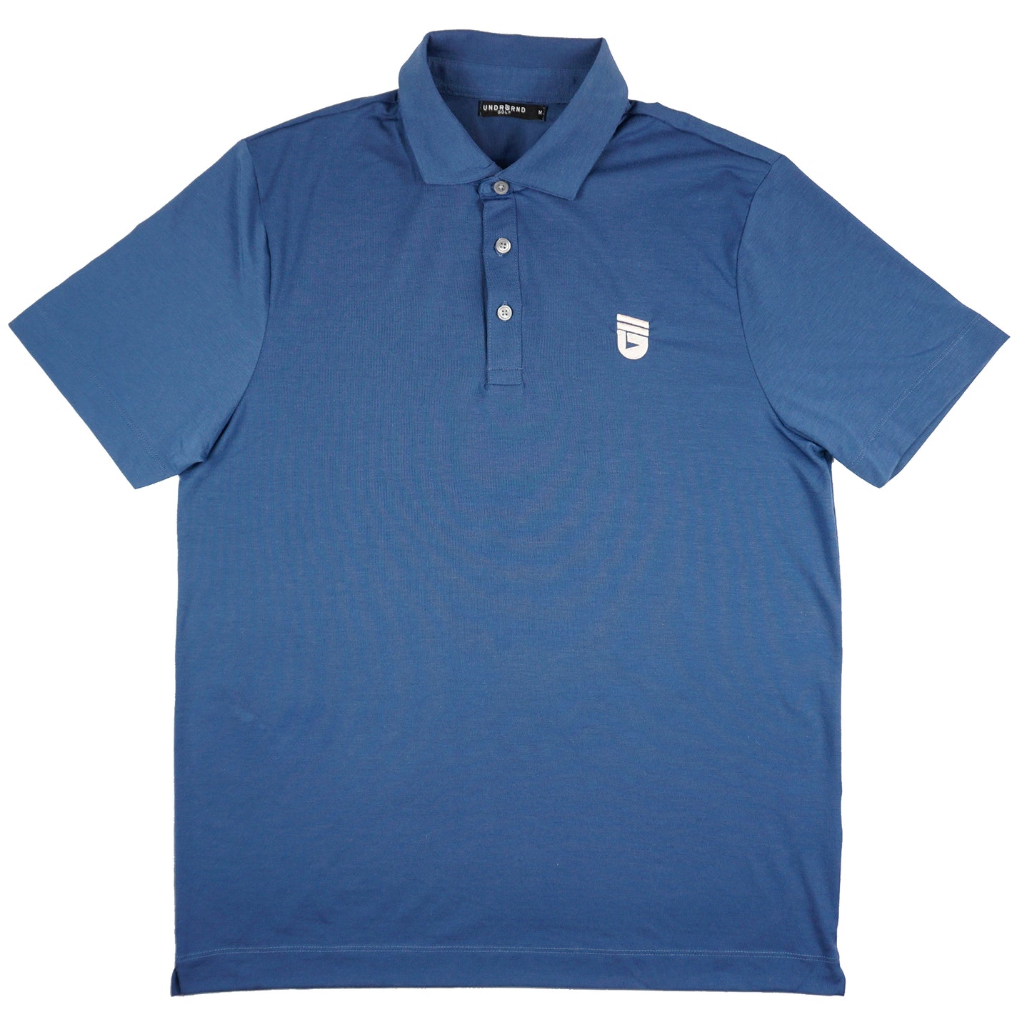 Blue performance golf polo with UNDRGRND GOLF icon embroidered in peach on the left chest. 