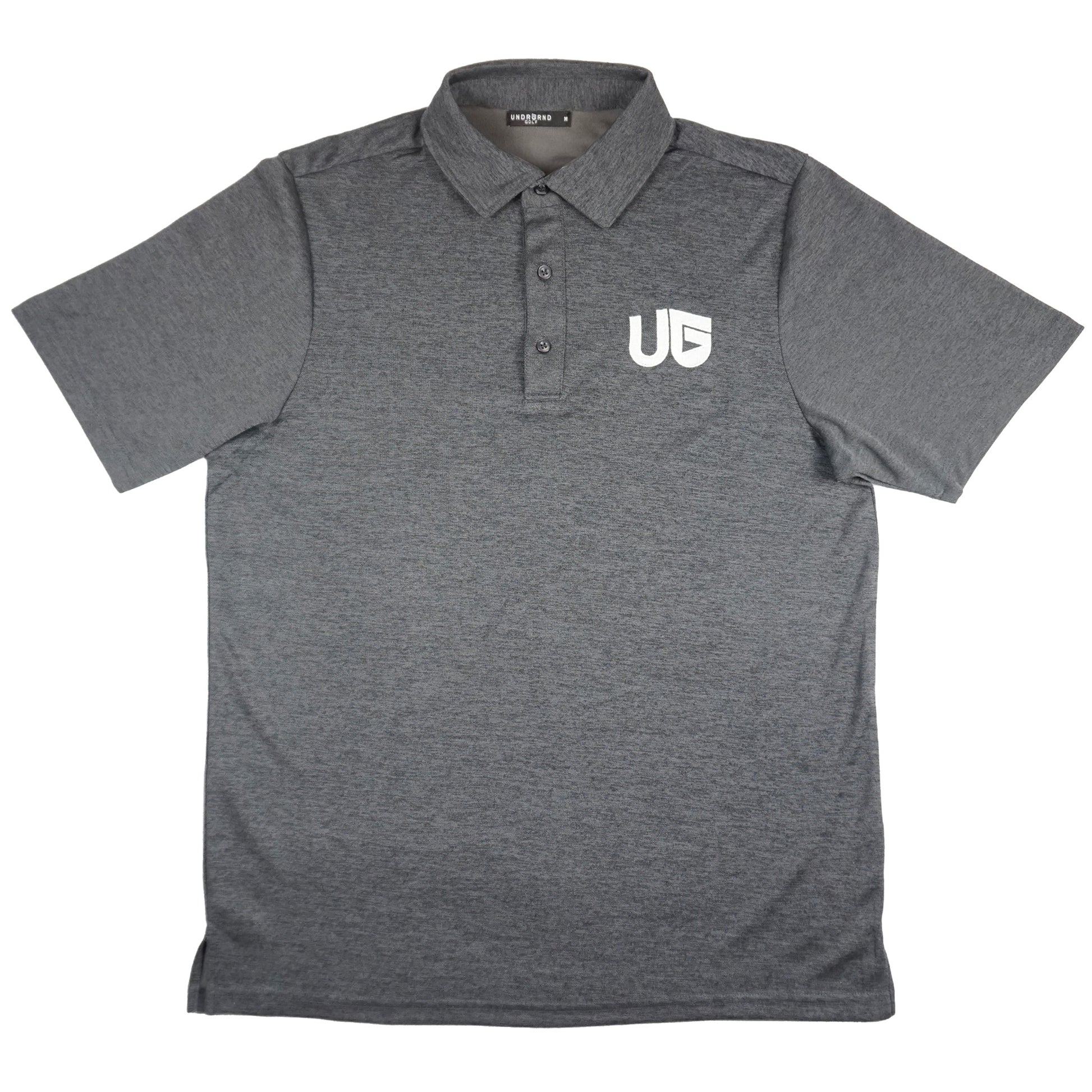 Heather black golf polo with UNDRGRND GOLF UG embroidered on the front left chest. 