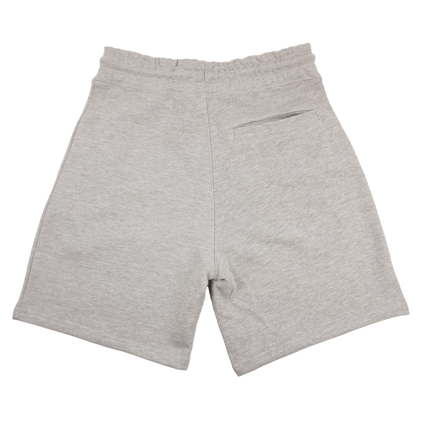 Back of heather gray sweatshorts showing back pocket area. 