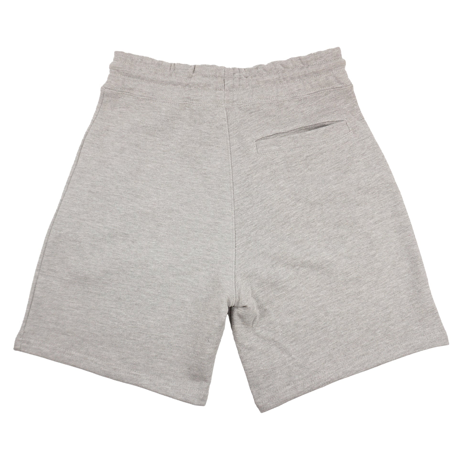 Back of heather gray sweatshorts showing back pocket area. 