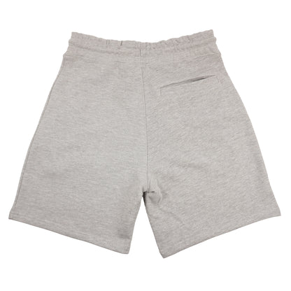 Back of heather gray sweatshorts showing back pocket area. 