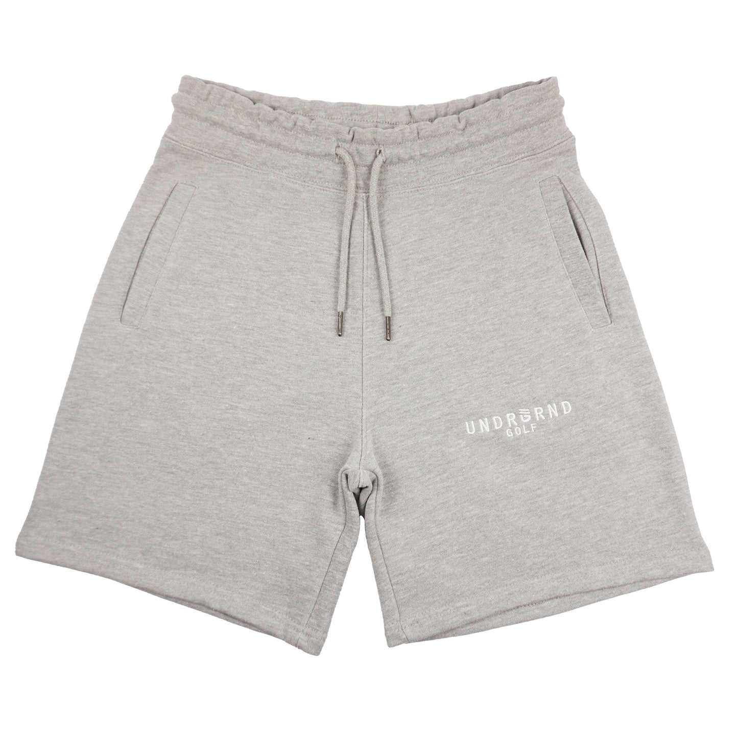 Heather gray sweatshorts with UNDRGRND GOLF embroidered in white on left thigh. 