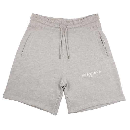 Heather gray sweatshorts with UNDRGRND GOLF embroidered in white on left thigh. 